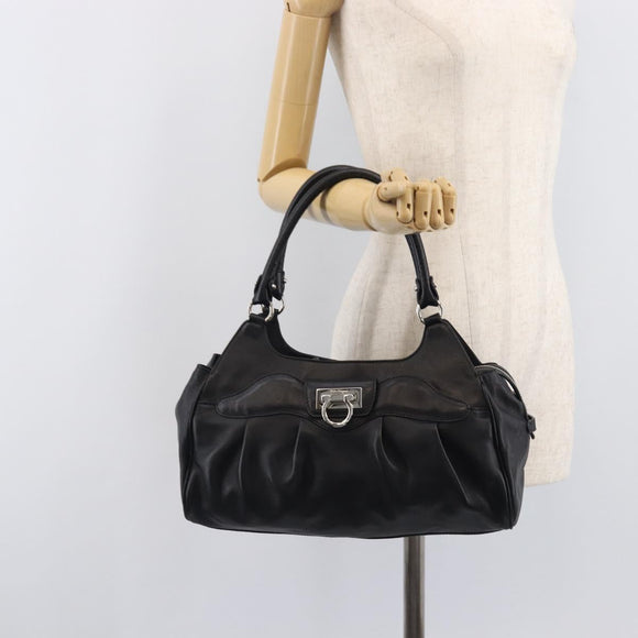 Salvatore Ferragamo Gancini Hand Bag Leather Black Silver Auth 205234V