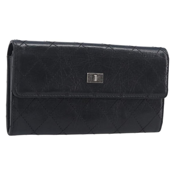 CHANEL 2.55 Matelasse Long Wallet Leather Black Silver CC Auth 205240V