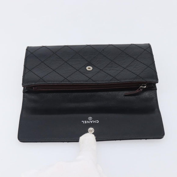 CHANEL 2.55 Matelasse Long Wallet Leather Black Silver CC Auth 205240V
