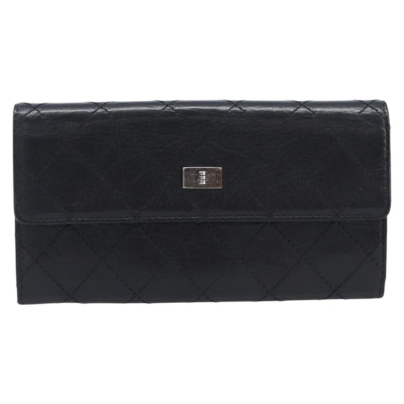 CHANEL 2.55 Matelasse Long Wallet Leather Black Silver CC Auth 205240V