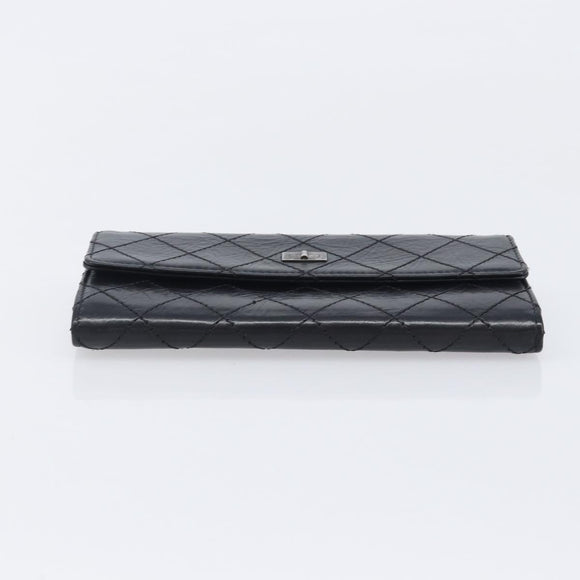 CHANEL 2.55 Matelasse Long Wallet Leather Black Silver CC Auth 205240V