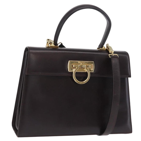 Salvatore Ferragamo Gancini Hand Bag Leather 2way Dark Brown Gold Auth 205246A