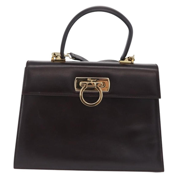 Salvatore Ferragamo Gancini Hand Bag Leather 2way Dark Brown Gold Auth 205246A