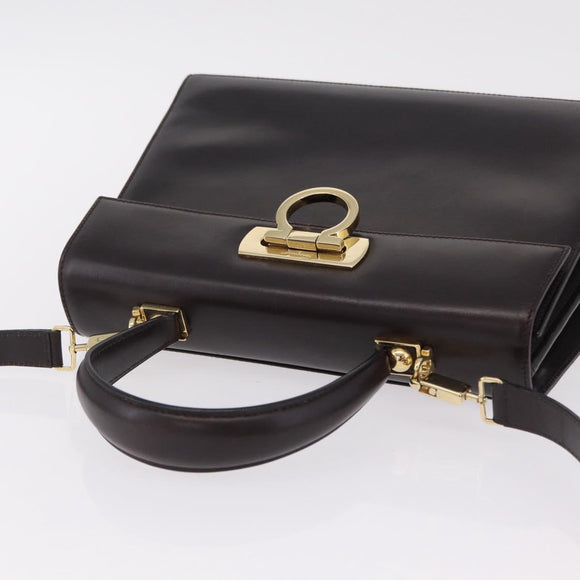 Salvatore Ferragamo Gancini Hand Bag Leather 2way Dark Brown Gold Auth 205246A