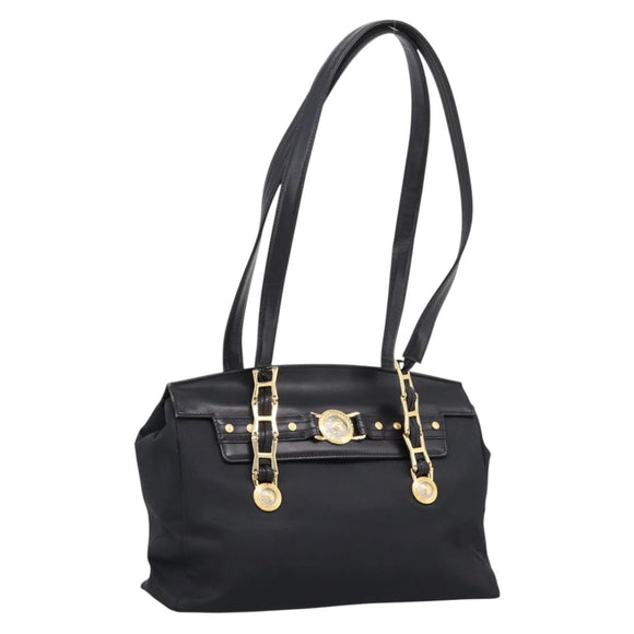 VERSACE Shoulder Bag Nylon Leather Black Gold Auth 205264