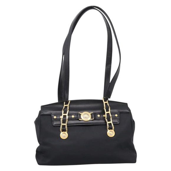 VERSACE Shoulder Bag Nylon Leather Black Gold Auth 205264