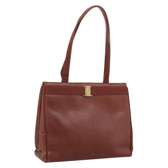 Salvatore Ferragamo Vala Tote Bag Leather Brown Gold Auth 205268