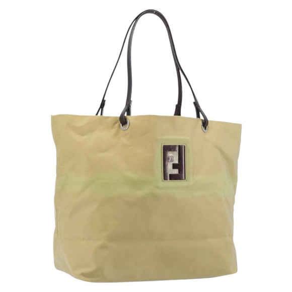 FENDI Tote Bag Nylon Beige Silver Auth 205270
