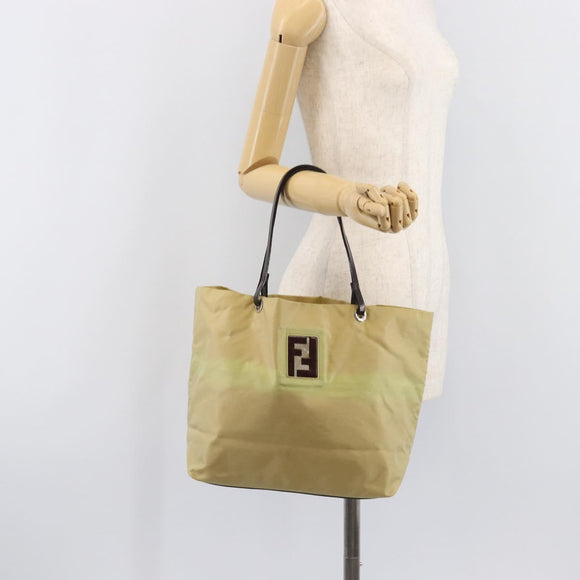 FENDI Tote Bag Nylon Beige Silver Auth 205270