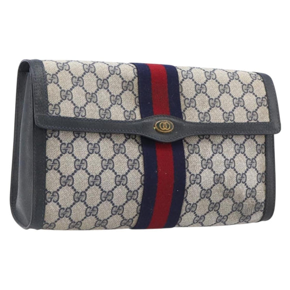 GUCCI GG Supreme Sherry Line Bag PVC Leather Navy Gold 89 01 007 Auth 205280