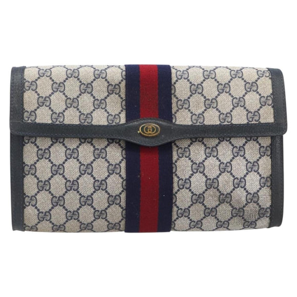 GUCCI GG Supreme Sherry Line Bag PVC Leather Navy Gold 89 01 007 Auth 205280