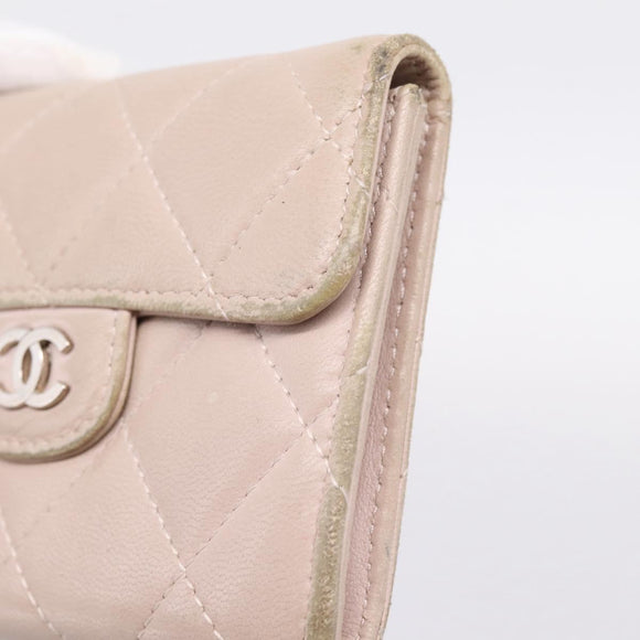 CHANEL Matelasse Wallet Lamb Skin Beige Silver CC Auth 205317