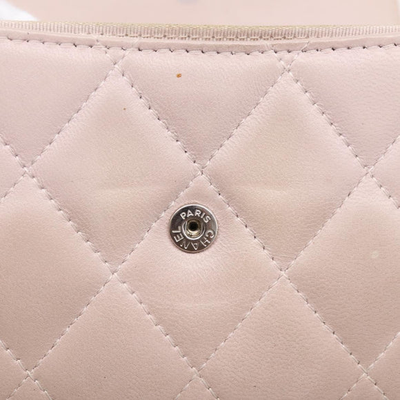 CHANEL Matelasse Wallet Lamb Skin Beige Silver CC Auth 205317