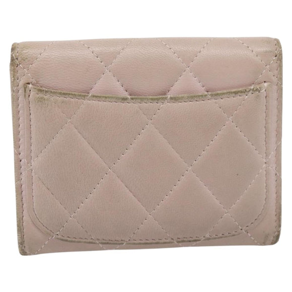CHANEL Matelasse Wallet Lamb Skin Beige Silver CC Auth 205317
