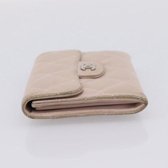 CHANEL Matelasse Wallet Lamb Skin Beige Silver CC Auth 205317