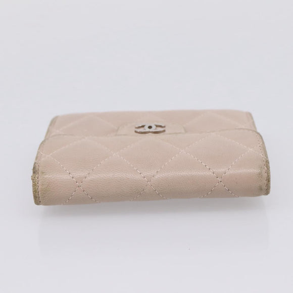 CHANEL Matelasse Wallet Lamb Skin Beige Silver CC Auth 205317