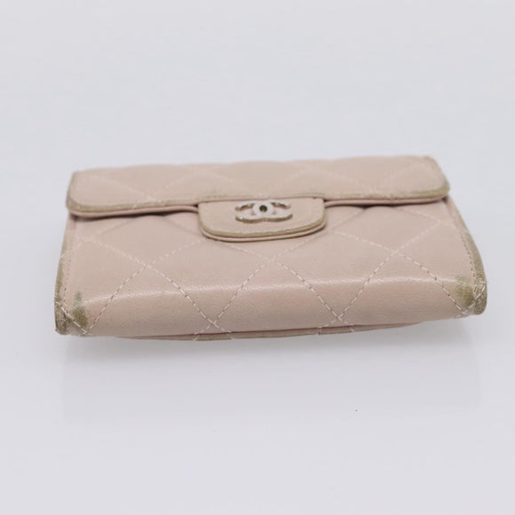 CHANEL Matelasse Wallet Lamb Skin Beige Silver CC Auth 205317