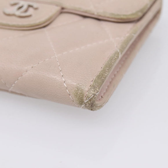 CHANEL Matelasse Wallet Lamb Skin Beige Silver CC Auth 205317