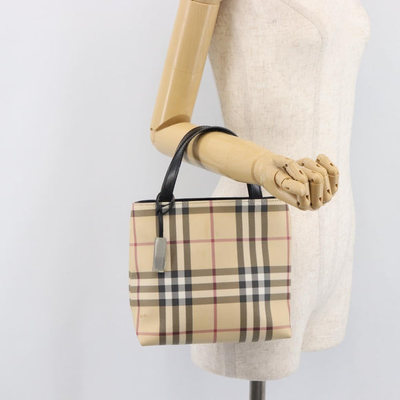 BURBERRY Nova Check Hand Bag PVC Beige Silver Auth 205321