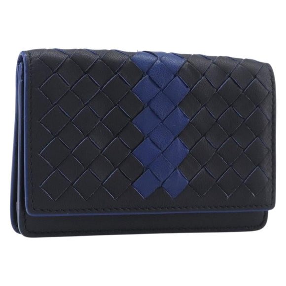 Bottega Veneta INTRECCIATO Card Case Leather Black Blue Auth 205327M