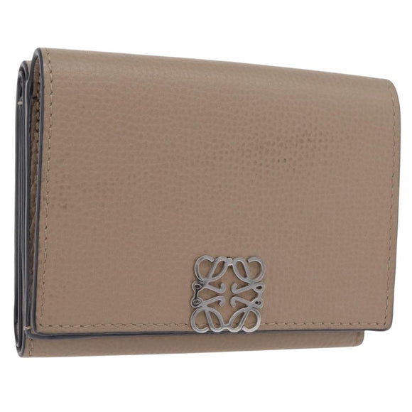 LOEWE Anagram Trifold Wallet Leather Beige Silver Auth 205328M