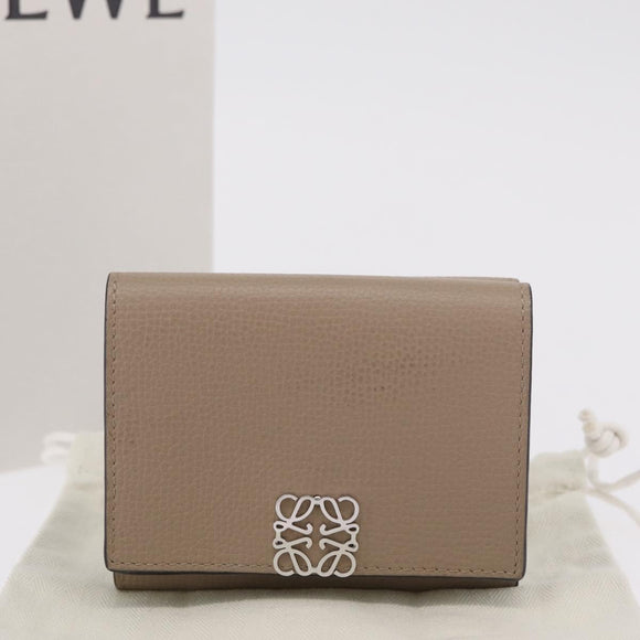 LOEWE Anagram Trifold Wallet Leather Beige Silver Auth 205328M
