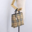 BURBERRY Nova Check Hand Bag PVC Beige Silver Auth 205331-24