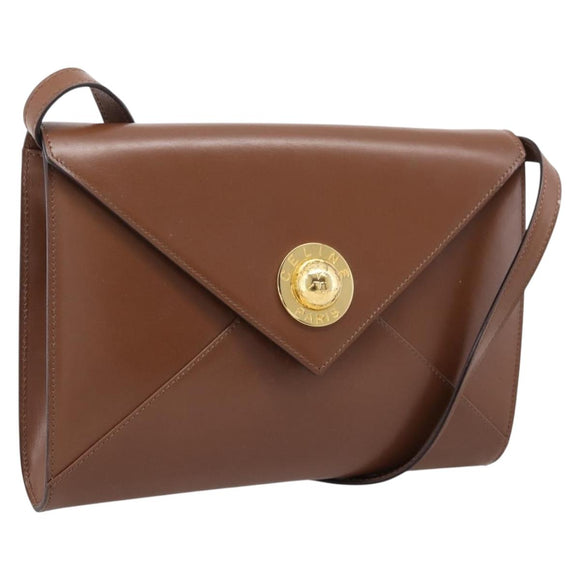 CELINE Shoulder Bag Leather Brown Gold Auth 205342