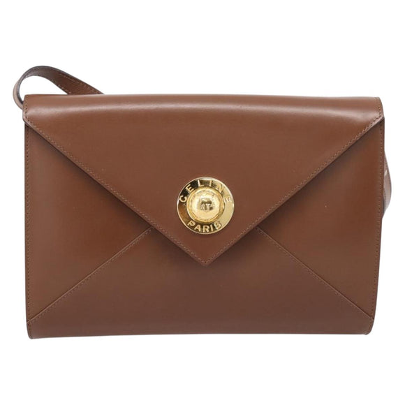 CELINE Shoulder Bag Leather Brown Gold Auth 205342