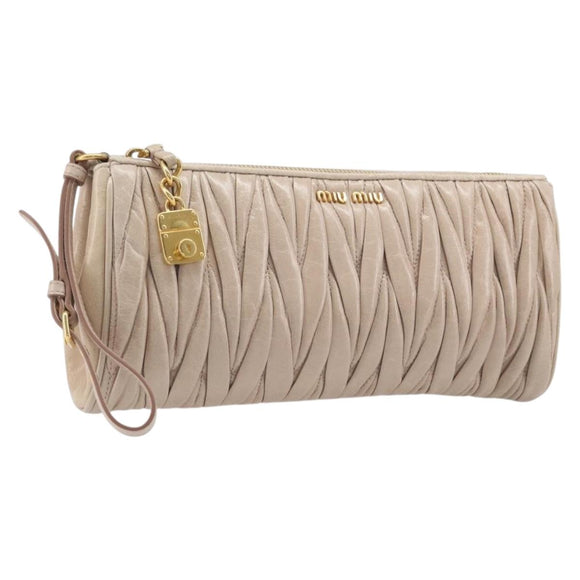 Miu Miu Matelasse Pouch Leather Beige Gold Auth 205354V