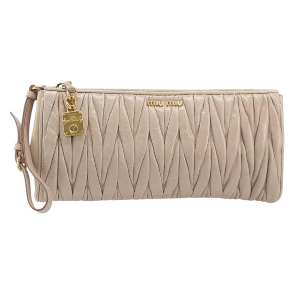 Miu Miu Matelasse Pouch Leather Beige Gold Auth 205354V