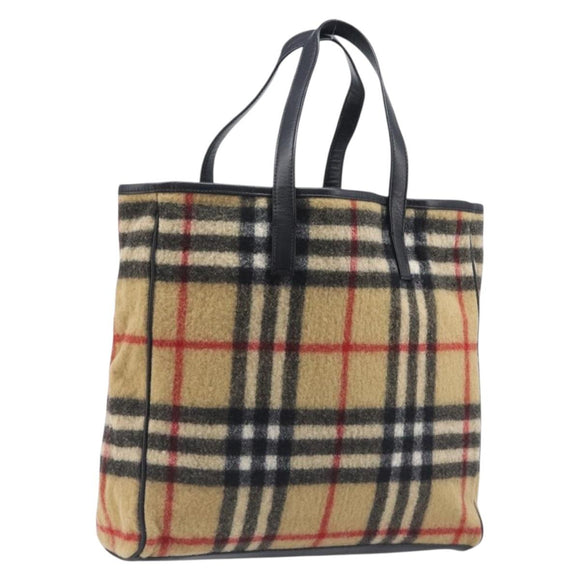 BURBERRY Nova Check Blue Label Tote Bag Wool Beige Silver Auth 205370V