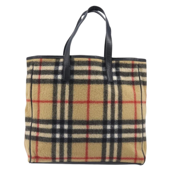 BURBERRY Nova Check Blue Label Tote Bag Wool Beige Silver Auth 205370V
