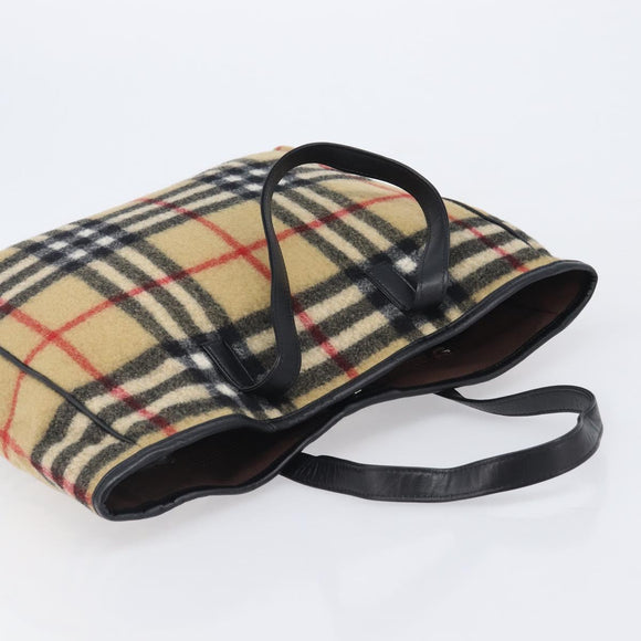 BURBERRY Nova Check Blue Label Tote Bag Wool Beige Silver Auth 205370V