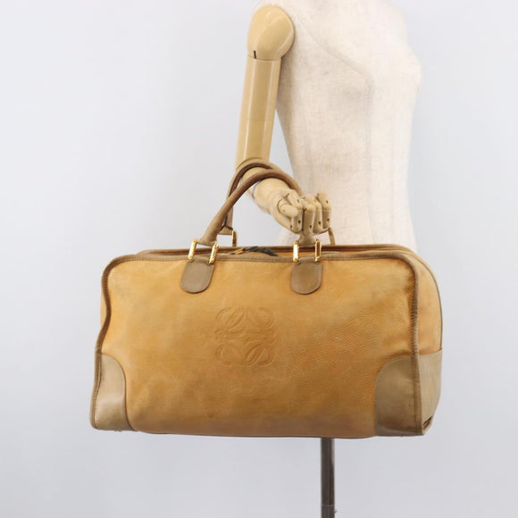 LOEWE Boston Bag Leather Beige Gold Auth 205378