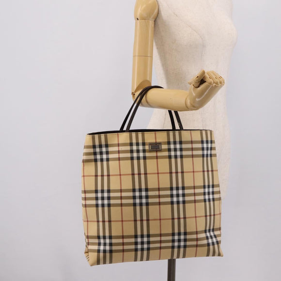 BURBERRY Nova Check Tote Bag PVC Beige Silver Auth 205379