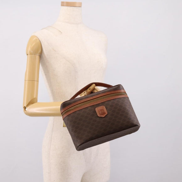 CELINE Macadam Canvas Vanity Cosmetic Pouch PVC Leather Brown Gold Auth 205380A