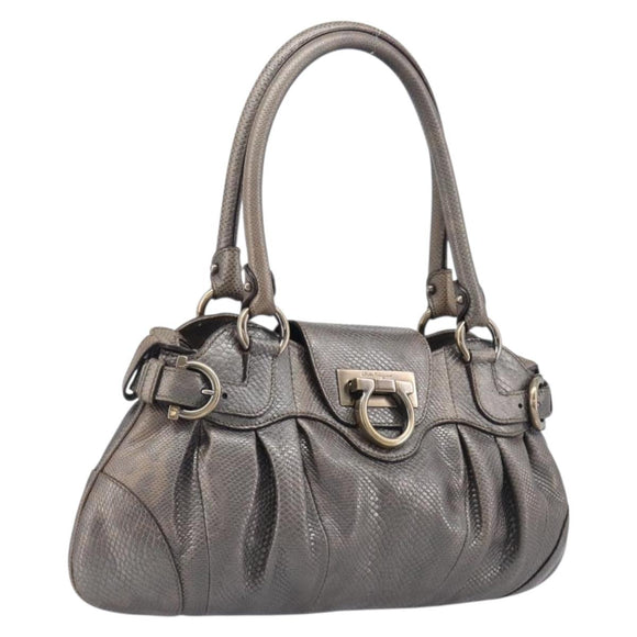 Salvatore Ferragamo Gancini Hand Bag Croco Embossing Silver Gold Auth 205427A