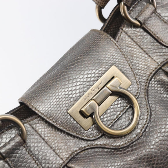 Salvatore Ferragamo Gancini Hand Bag Croco Embossing Silver Gold Auth 205427A