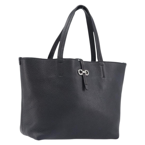 Salvatore Ferragamo Gancini Hand Bag Leather Black Silver Auth 205429A
