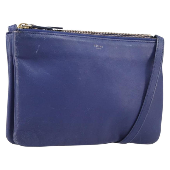 CELINE Trio Shoulder Bag Leather Blue Gold Auth 205438