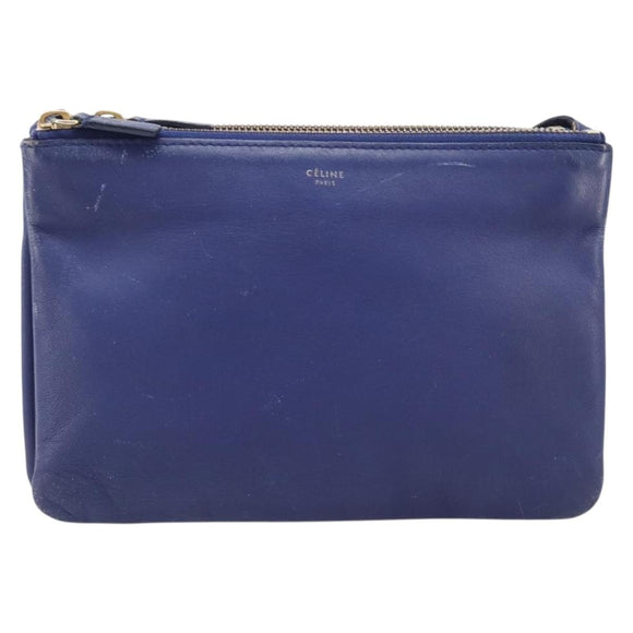 CELINE Trio Shoulder Bag Leather Blue Gold Auth 205438