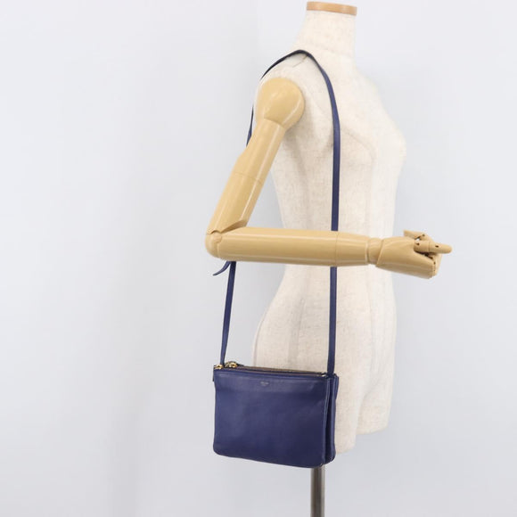 CELINE Trio Shoulder Bag Leather Blue Gold Auth 205438