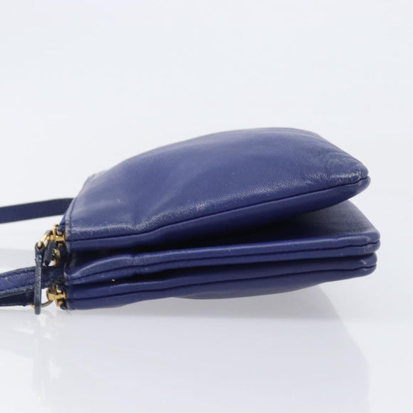 CELINE Trio Shoulder Bag Leather Blue Gold Auth 205438
