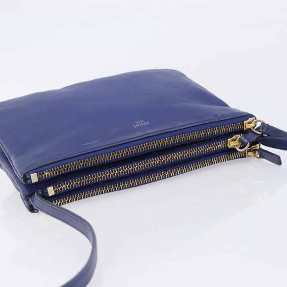 CELINE Trio Shoulder Bag Leather Blue Gold Auth 205438