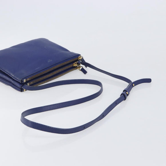 CELINE Trio Shoulder Bag Leather Blue Gold Auth 205438