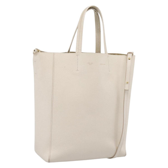 CELINE Vertical Cabas Tote Bag Leather 2way White Gold Auth 205444