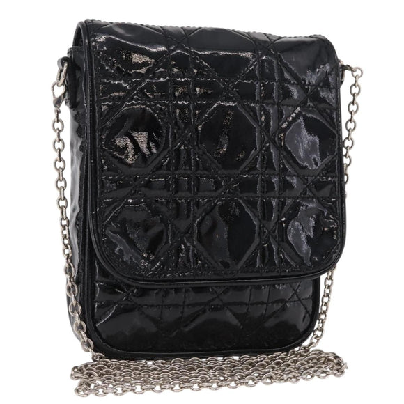 Christian Dior Chain Cannage Bag Patent Leather Black Silver Auth 205445V