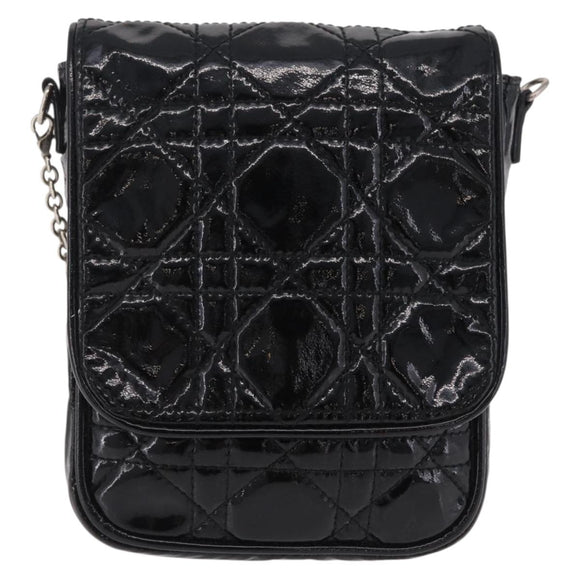 Christian Dior Chain Cannage Bag Patent Leather Black Silver Auth 205445V