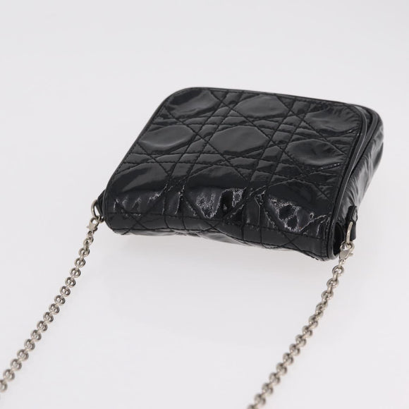 Christian Dior Chain Cannage Bag Patent Leather Black Silver Auth 205445V